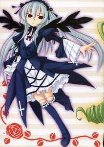 Rating: Safe Score: 0 Tags: 1girl black_wings dress flower frills full_body hairband image knee_boots kneehighs long_hair long_sleeves looking_at_viewer lying on_back red_eyes ribbon rose silver_hair solo suigintou very_long_hair wings User: admin