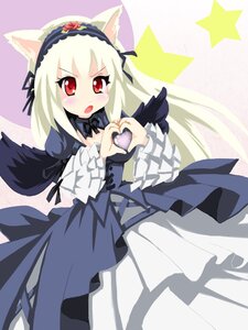Rating: Safe Score: 3 Tags: 1girl animal_ears blush cat_ears dress frills hairband heart heart_hands image lolita_hairband long_hair long_sleeves looking_at_viewer open_mouth red_eyes ribbon solo star_(symbol) striped suigintou white_hair wings User: admin