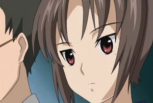 Rating: Safe Score: 0 Tags: 1boy 1girl bangs black_hair brown_hair close-up closed_mouth expressionless face human image kashiwaba_tomoe parted_bangs portrait red_eyes screenshot simple_background solo User: admin
