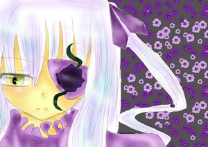 Rating: Safe Score: 0 Tags: 1girl barasuishou flower image purple_flower purple_rose ribbon rose solo white_hair yellow_eyes User: admin