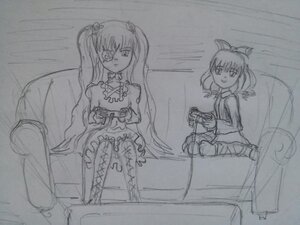 Rating: Safe Score: 0 Tags: 2girls boots bow dress greyscale hair_ornament hinaichigo image kirakishou long_hair monochrome multiple_girls pair sitting sketch traditional_media twintails User: admin