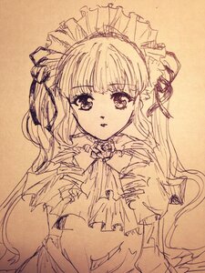 Rating: Safe Score: 0 Tags: 1girl bangs dress eyebrows_visible_through_hair hair_ribbon image long_hair looking_at_viewer monochrome ribbon shinku solo traditional_media upper_body User: admin