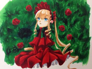 Rating: Safe Score: 0 Tags: 1girl apple blonde_hair blue_eyes bonnet bow bowtie cup dress drill_hair flower food fruit image long_hair long_sleeves looking_at_viewer red_flower red_rose rose shinku solo strawberry teacup traditional_media twin_drills User: admin
