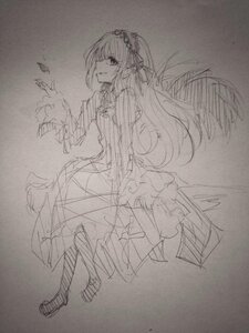 Rating: Safe Score: 0 Tags: 1girl dress feathered_wings greyscale hairband image long_hair long_sleeves monochrome sketch solo suigintou traditional_media wings User: admin