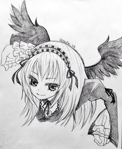 Rating: Safe Score: 0 Tags: 1girl black_wings dress feathered_wings frills greyscale hairband image long_hair long_sleeves looking_at_viewer monochrome ribbon simple_background smile solo suigintou traditional_media upper_body wings User: admin