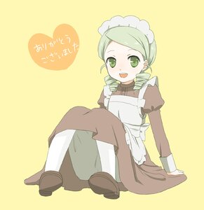 Rating: Safe Score: 0 Tags: 1girl :d apron brown_footwear dress drill_hair full_body green_eyes green_hair image kanaria long_sleeves maid maid_headdress open_mouth simple_background sitting smile solo twin_drills yellow_background User: admin