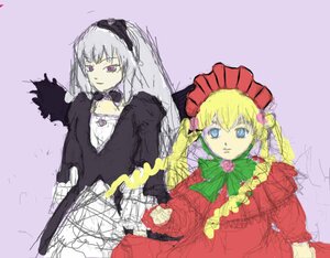 Rating: Safe Score: 0 Tags: 2girls blonde_hair blue_eyes bonnet bowtie dress flower image long_hair long_sleeves looking_at_viewer multiple_girls pair red_dress rose shinku silver_hair suigintou twintails wings User: admin