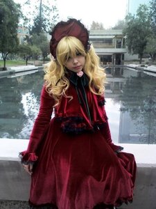 Rating: Safe Score: 0 Tags: 1girl blonde_hair bonnet dress lolita_fashion long_hair long_sleeves looking_at_viewer outdoors red_dress shinku solo tree User: admin