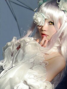 Rating: Safe Score: 0 Tags: 1girl bare_shoulders dress flower gloves kirakishou lips long_hair looking_at_viewer solo white_dress white_flower white_gloves white_hair yellow_eyes User: admin