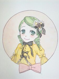 Rating: Safe Score: 0 Tags: 1girl blush bow drill_hair flower green_eyes green_hair hair_ornament image kanaria looking_at_viewer rose simple_background smile solo traditional_media twin_drills User: admin