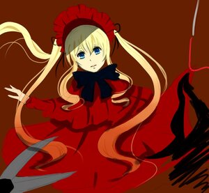 Rating: Safe Score: 0 Tags: 1girl blonde_hair blue_eyes bow bowtie capelet dress image long_hair long_sleeves looking_at_viewer red_dress shinku simple_background solo twintails very_long_hair User: admin