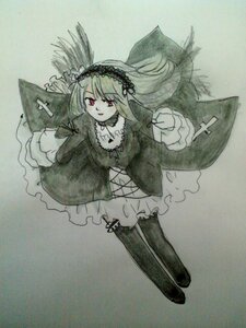 Rating: Safe Score: 0 Tags: 1girl boots dress flower frills full_body hairband image long_hair long_sleeves looking_at_viewer red_eyes rose solo suigintou traditional_media wings User: admin