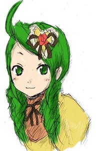 Rating: Safe Score: 0 Tags: 1girl blush closed_mouth flower green_eyes green_hair hair_flower hair_ornament hat image kanaria looking_at_viewer ribbon simple_background smile solo white_background User: admin