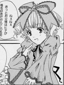 Rating: Safe Score: 0 Tags: 1girl blush bow dress drill_hair frills greyscale hair_ribbon hina_ichigo hinaichigo image index_finger_raised long_sleeves looking_at_viewer monochrome ribbon smile solo User: admin