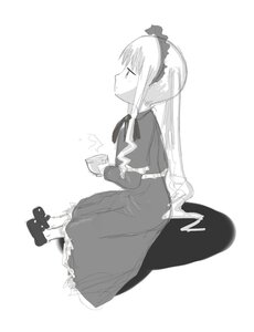 Rating: Safe Score: 0 Tags: 1girl auto_tagged cup dress full_body greyscale image long_hair long_sleeves monochrome profile shinku shoes sitting solo striped teacup User: admin