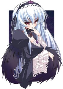 Rating: Safe Score: 0 Tags: 1girl breasts cleavage detached_collar doll_joints dress finger_to_mouth frills hairband image joints long_hair long_sleeves looking_at_viewer red_eyes rozen_maiden shinshin silver_hair solo suigintou very_long_hair white_hair wings User: admin