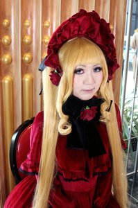 Rating: Safe Score: 0 Tags: 1girl bangs blonde_hair blue_eyes bonnet curtains dress flower lips long_hair looking_at_viewer red_dress rose shinku smile solo User: admin