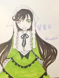 Rating: Safe Score: 0 Tags: 1girl black_hair dress frills green_eyes green_skirt head_scarf image long_hair looking_at_viewer ribbon simple_background smile solo suiseiseki very_long_hair User: admin