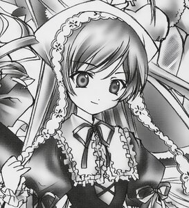 Rating: Safe Score: 0 Tags: 1girl dress eyebrows_visible_through_hair frills greyscale image long_hair long_sleeves looking_at_viewer monochrome neck_ribbon ribbon smile solo suiseiseki traditional_media upper_body User: admin