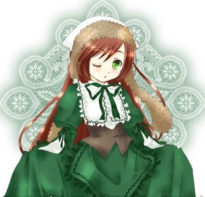 Rating: Safe Score: 0 Tags: 1girl blush brown_hair dress frills green_dress green_eyes hat image long_hair long_sleeves looking_at_viewer one_eye_closed simple_background solo standing suiseiseki twintails very_long_hair User: admin