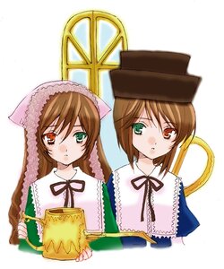 Rating: Safe Score: 0 Tags: 2girls black_ribbon brown_hair dress green_dress green_eyes hat heterochromia image long_hair long_sleeves looking_at_viewer multiple_girls pair red_eyes siblings simple_background sisters souseiseki suiseiseki top_hat twins watering_can white_background User: admin