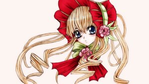 Rating: Safe Score: 0 Tags: 1girl blonde_hair blue_eyes blush bonnet bow bowtie drill_hair expressionless flower image long_hair looking_at_viewer portrait shinku simple_background solo User: admin