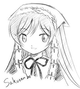 Rating: Safe Score: 0 Tags: 1girl dress eyebrows_visible_through_hair greyscale image long_hair looking_at_viewer monochrome neck_ribbon ribbon simple_background smile solo suiseiseki white_background User: admin