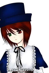 Rating: Safe Score: 0 Tags: 1girl bow brown_hair collar frills green_eyes hat heterochromia image long_sleeves looking_at_viewer red_eyes short_hair simple_background solo souseiseki upper_body white_background User: admin