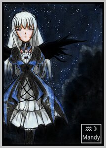 Rating: Safe Score: 0 Tags: 1girl black_wings dress flower frills gothic_lolita hairband image long_hair long_sleeves looking_at_viewer night night_sky pink_eyes silver_hair sky solo star_(sky) starry_sky suigintou wings User: admin