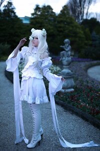 Rating: Safe Score: 0 Tags: 1girl animal_ears blurry blurry_background depth_of_field detached_sleeves dress frills kirakishou long_sleeves outdoors solo standing water white_dress white_hair wide_sleeves User: admin