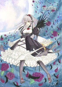 Rating: Safe Score: 0 Tags: 1girl black_wings dress feathers flower frills hairband image long_hair long_sleeves pantyhose petals rose silver_hair solo suigintou traditional_media watercolor_(medium) wings User: admin