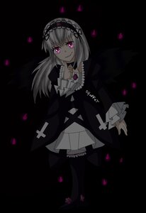 Rating: Safe Score: 0 Tags: 1girl black_background black_dress black_wings dress flower frilled_sleeves frills gothic_lolita grin hairband image lolita_fashion long_hair long_sleeves looking_at_viewer petals pink_eyes rose_petals silver_hair smile solo suigintou wings User: admin