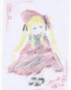 Rating: Safe Score: 0 Tags: 1girl bangs blonde_hair dated hair_ribbon image ribbon shinku signature solo User: admin