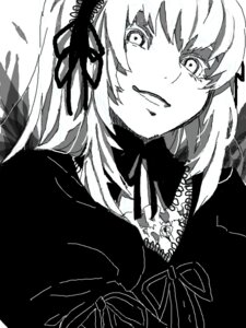 Rating: Safe Score: 0 Tags: 1girl bangs closed_mouth greyscale hood image looking_at_viewer monochrome saber_alter smile solo suigintou upper_body User: admin