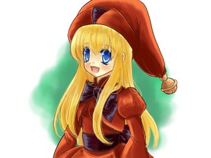 Rating: Safe Score: 0 Tags: 1girl :d blonde_hair blue_eyes blush dress hat image juliet_sleeves long_hair long_sleeves looking_at_viewer open_mouth puffy_sleeves red_dress shinku simple_background smile solo User: admin