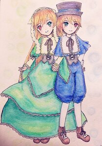 Rating: Safe Score: 0 Tags: 2girls blonde_hair blue_eyes capelet dress frills green_dress hat heterochromia holding_hands image long_hair multiple_girls pair pantyhose red_eyes short_hair siblings sisters smile souseiseki suiseiseki top_hat twins watercolor_(medium) User: admin