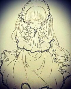 Rating: Safe Score: 0 Tags: 1girl bonnet closed_eyes dress frills image long_hair long_sleeves monochrome shinku solo traditional_media twintails very_long_hair User: admin