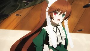 Rating: Safe Score: 0 Tags: 1girl brown_hair dress green_dress green_eyes heterochromia image long_hair long_sleeves looking_at_viewer open_mouth red_eyes ribbon solo suiseiseki User: admin