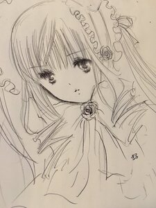 Rating: Safe Score: 0 Tags: 1girl eyebrows_visible_through_hair flower image long_hair looking_at_viewer monochrome parted_lips pink_rose rose shinku sketch solo traditional_media upper_body white_rose User: admin