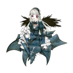 Rating: Safe Score: 0 Tags: 1girl black_wings dress frilled_sleeves frills hairband image long_hair long_sleeves looking_at_viewer silver_hair simple_background solo suigintou traditional_media white_background wings User: admin