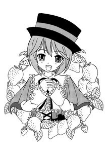 Rating: Safe Score: 0 Tags: 1girl :d food fruit greyscale hat image looking_at_viewer monochrome open_mouth short_hair smile solo souseiseki top_hat User: admin