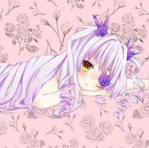Rating: Safe Score: 0 Tags: 1girl barasuishou blush curly_hair drill_hair eyepatch flower hair_flower hair_ornament image long_hair looking_at_viewer lying on_stomach purple_flower purple_rose ringlets rose silver_hair solo thorns twin_drills yellow_eyes User: admin