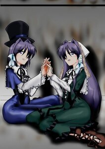 Rating: Safe Score: 0 Tags: 2girls boots dress green_dress hat holding_hands image long_hair long_sleeves multiple_girls pair purple_eyes purple_hair ribbon siblings sisters sitting souseiseki suiseiseki twins User: admin