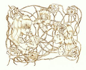 Rating: Safe Score: 0 Tags: 3girls flower hair_ornament image long_hair monochrome multiple multiple_girls rose tagme thorns two_side_up vines User: admin