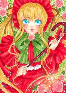 Rating: Safe Score: 0 Tags: 1girl blonde_hair blue_eyes bonnet bow bowtie dress flower green_bow image long_hair long_sleeves looking_at_viewer marker_(medium) pastel_(medium) pink_flower pink_rose red_capelet red_flower red_rose rose shinku sidelocks solo traditional_media watercolor_(medium) User: admin