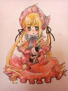 Rating: Safe Score: 0 Tags: 1girl blonde_hair bonnet bowtie dress image long_hair long_sleeves looking_at_viewer red_dress shinku sidelocks simple_background solo traditional_media twintails very_long_hair User: admin