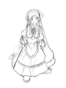 Rating: Safe Score: 0 Tags: 1girl auto_tagged blush dress full_body greyscale hat image long_hair long_sleeves looking_at_viewer monochrome simple_background sketch smile solo standing suiseiseki very_long_hair white_background User: admin