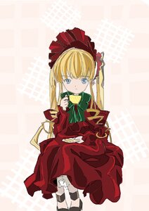 Rating: Safe Score: 0 Tags: 1girl bangs blonde_hair blue_eyes bonnet bow bowtie cup dress food full_body green_bow image long_hair long_sleeves looking_at_viewer red_dress saucer shinku sitting solo teacup twintails User: admin