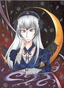 Rating: Safe Score: 0 Tags: 1girl bug butterfly chin_rest feathers flower frills hairband image insect long_hair long_sleeves moon ribbon silver_hair snowflakes solo suigintou traditional_media wings User: admin