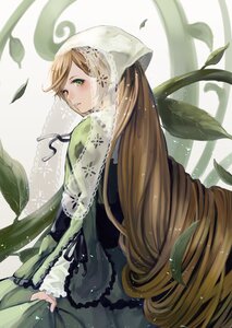 Rating: Safe Score: 0 Tags: 1girl dress green_dress green_eyes image leaf long_hair long_sleeves looking_at_viewer plant solo suiseiseki very_long_hair User: admin